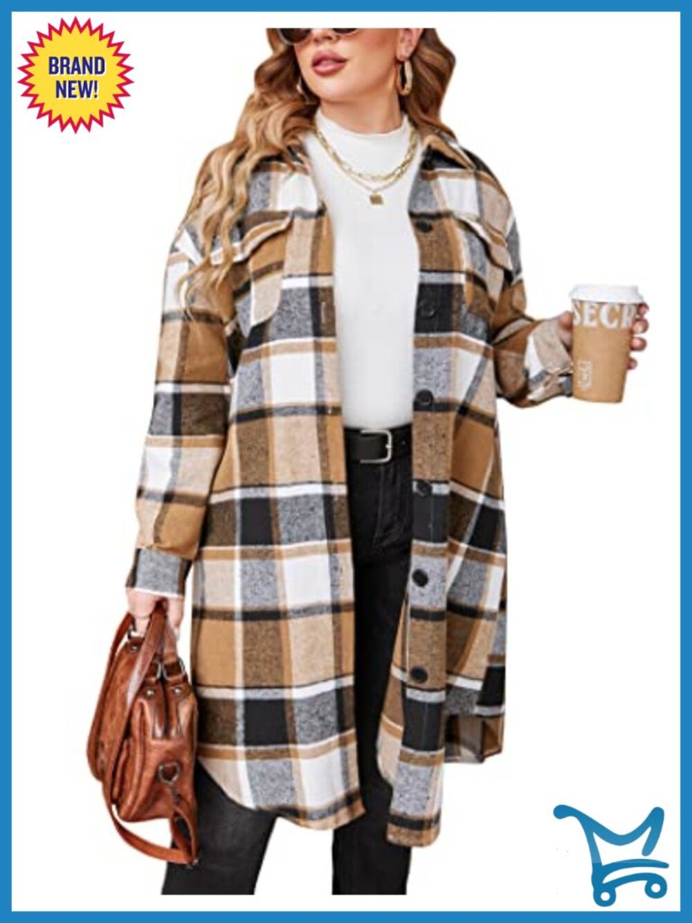 Plus Size Flannel Plaid Shacket Long Sleeve Button Down Midi Shirt Jacket